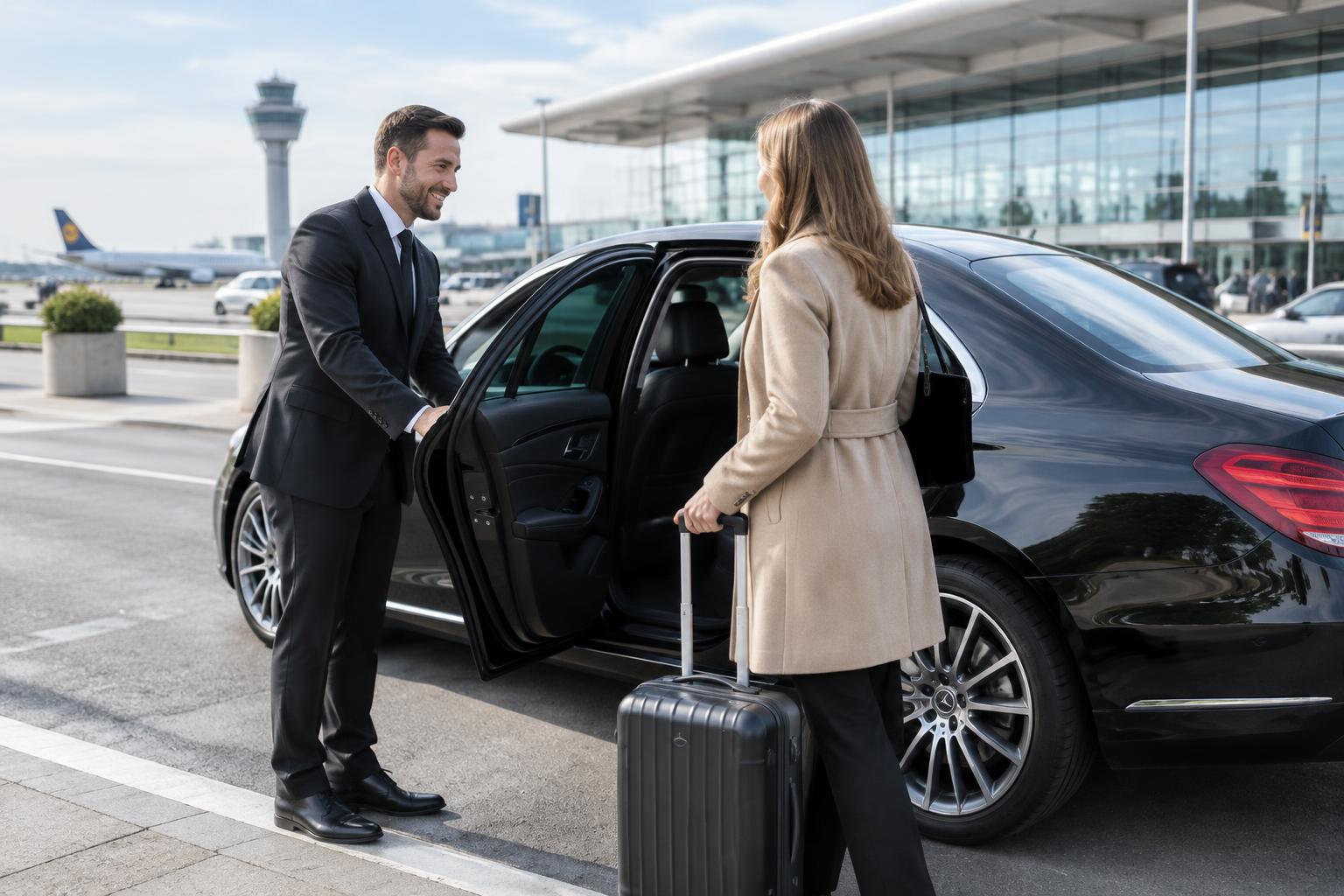Illustratieve foto van chauffeur bij een luxe taxi aan een luchthaven
